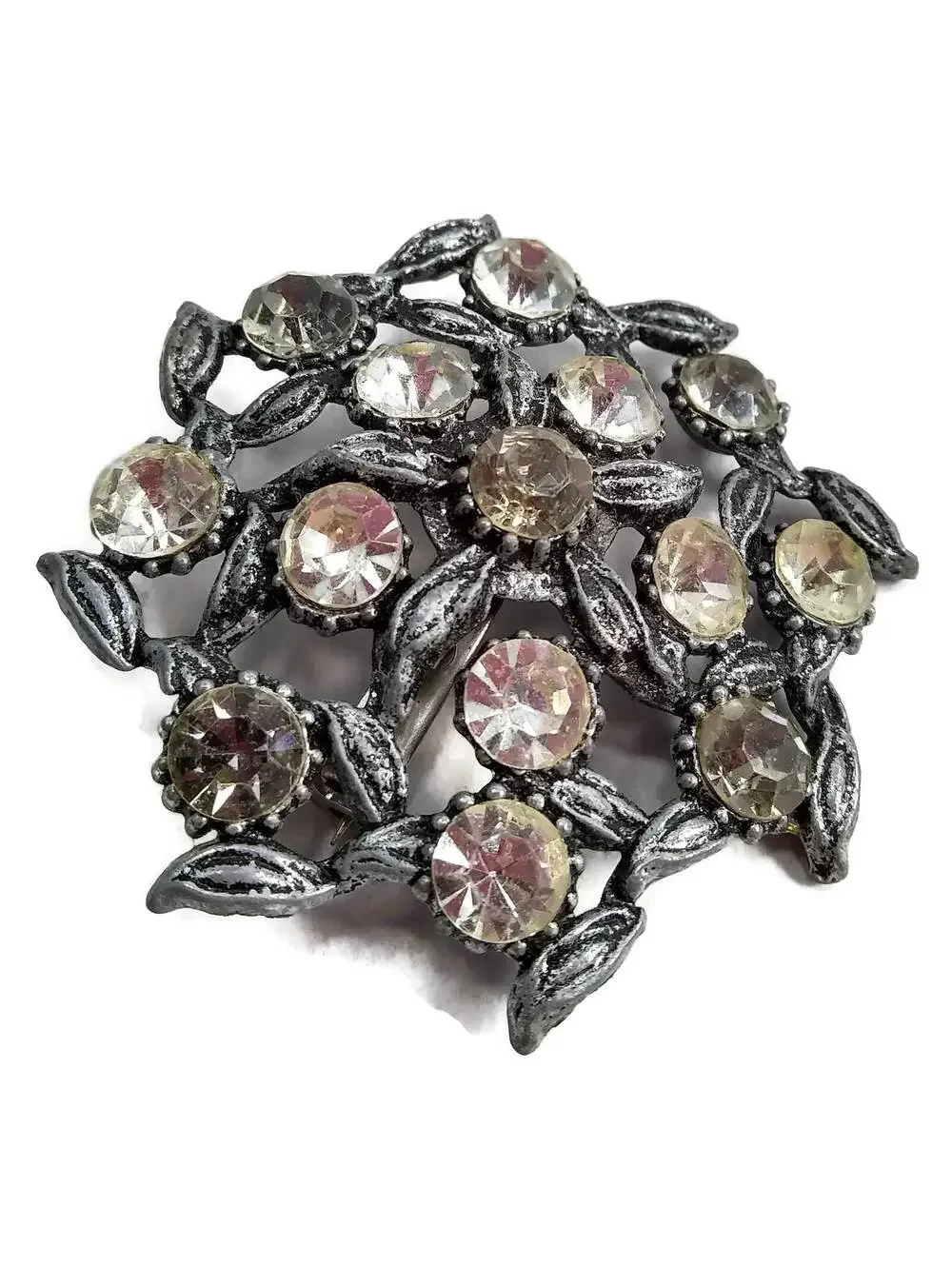 Vintage Dark Silver Tone, Clear & Gray Rhinestones Wreath Brooch, Pewter Brooch.
